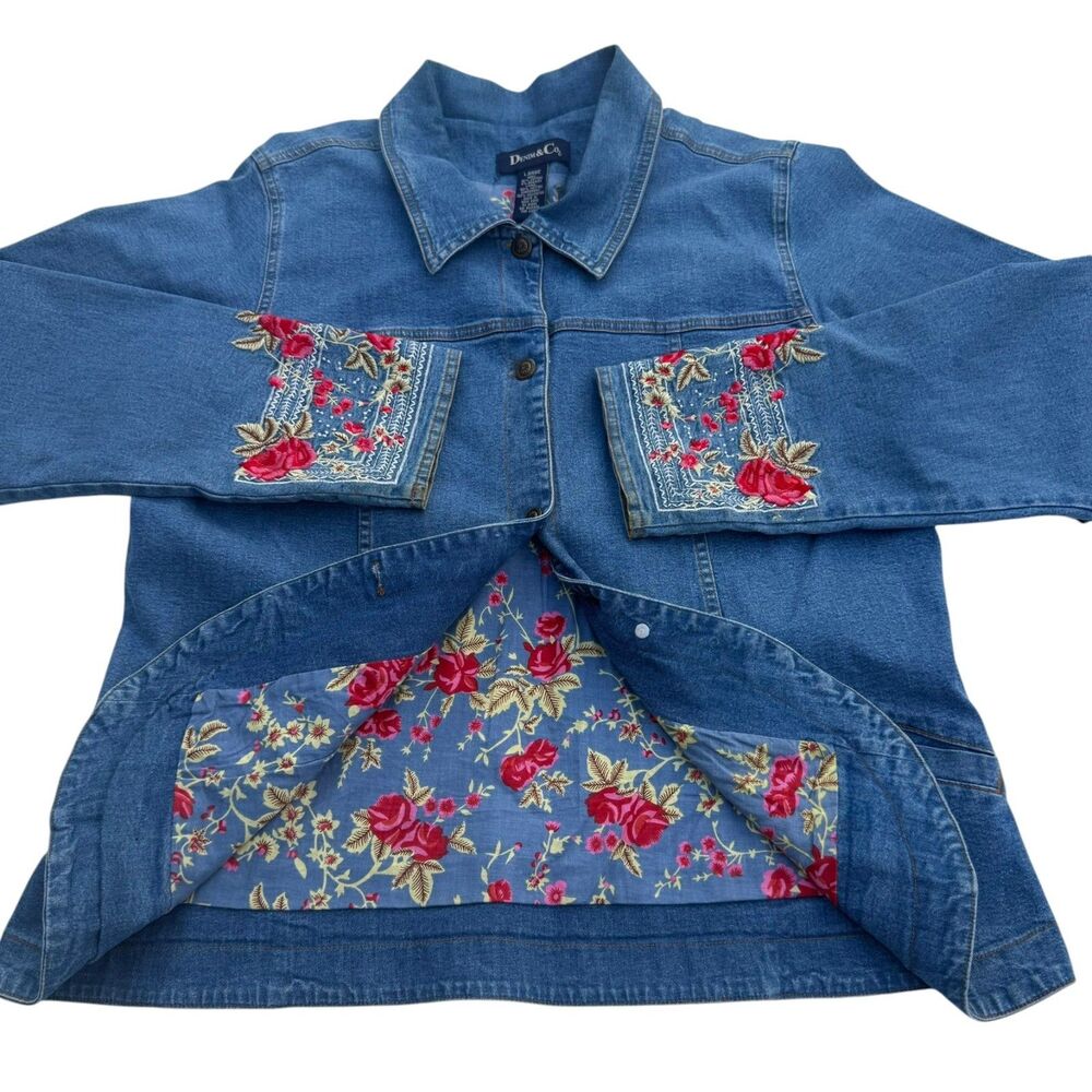 Denim & Co. Women’s Blue Floral Lined Embroidered Button Jacket Pockets L